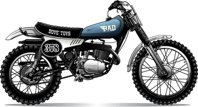 Hình minh họa xe mô tô địa hình cổ điển màu xanh đen với số 378 và logo "Boys Toys", "BAD"