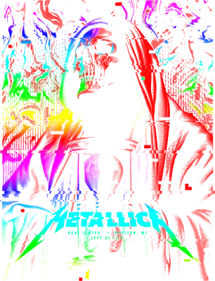 Hình ảnh skull với hiệu ứng glitch màu sắc rực rỡ, có logo Metallica và thông tin sự kiện.