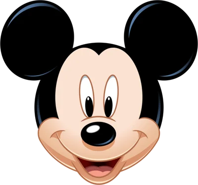 Hình ảnh đầu chuột Mickey Mouse hoạt hình với nụ cười tươi tắn, đôi tai tròn đen đặc trưng trên nền xám.