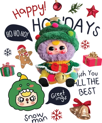 Hình ảnh nhân vật hoạt hình dễ thương hóa trang cây thông Noel, kèm bánh gừng, quà và chuông Giáng Sinh trên nền xám.