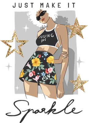 Hình minh họa cô gái trẻ tóc xoăn trắng, đeo kính râm, mặc áo crop top và váy hoa, xung quanh có các ngôi sao lấp lánh và chữ 'JUST MAKE IT Sparkle'.