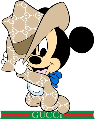 Hình vẽ Mickey Mouse mặc trang phục họa tiết Gucci, đội nón cao bồi, có logo Gucci ở dưới.