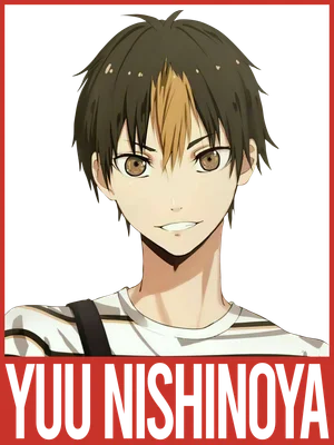 Hình vẽ nhân vật anime Yuu Nishinoya, tóc nâu có lọn vàng, mặc áo sọc, cười tươi.