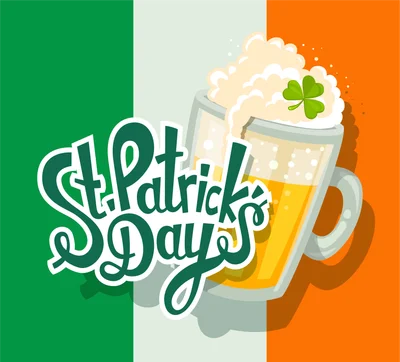 Hình minh họa ly bia bọt trắng với cỏ ba lá xanh và dòng chữ St. Patrick's Day trên nền cờ Ireland.