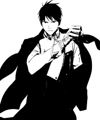 Hình ảnh chàng trai anime mặc quân phục, áo khoác đen, nắm chặt tay, phong cách vẽ đen trắng.