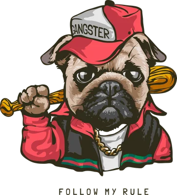 Hình minh họa chó Pug mặc đồ hiphop đội mũ Gangster cầm gậy bóng chày