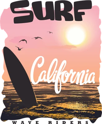 Hình in chủ đề lướt sóng California với ván lướt, mặt trời hoàng hôn và chim hải âu phong cách vintage