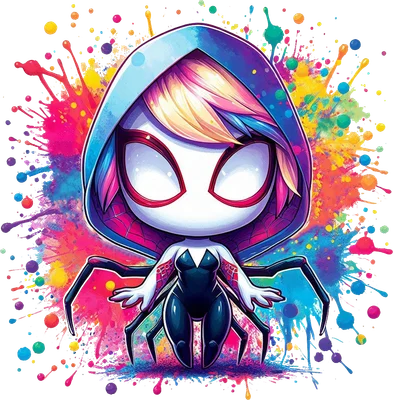 Hình ảnh chibi Spider-Gwen trong trang phục đen trắng, tóc hồng xanh, nổi bật trên nền vệt sơn màu sắc rực rỡ.