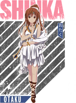 Hình ảnh cô gái anime tóc nâu dài, mặc váy trắng phong cách Hy Lạp cổ đại, tay cầm quyền trượng, đứng trên nền xám kẻ sọc.