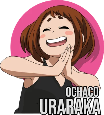 Hình vẽ nhân vật anime Ochaco Uraraka với nụ cười rạng rỡ, tóc nâu, mặc áo đen, trên nền hồng và xám.