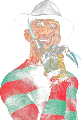 Hình ảnh Freddy Krueger với khuôn mặt biến dạng, đội mũ phớt và đeo găng tay vuốt sắc nhọn, mặc áo sọc đỏ xanh.