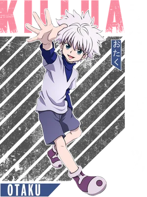 Hình ảnh nhân vật anime Killua Zoldyck với mái tóc trắng, mặc áo xanh trắng, quần tím, đang vui vẻ vẫy tay.