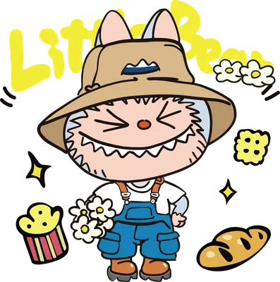 Hình in hoạt hình gấu con Little Bear đội mũ phượt, mặc yếm xanh, cầm bó hoa trắng, cười tươi với răng nanh, xung quanh có bánh và ngôi sao.