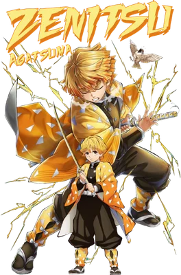 Hình ảnh Zenitsu Agatsuma từ anime Demon Slayer, với hai phiên bản kích thước khác nhau, bao quanh bởi tia sét vàng.
