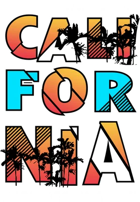Thiết kế typography chữ California với họa tiết cây cọ và màu sắc gradient phong cách mùa hè