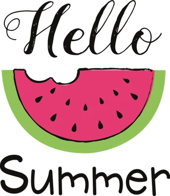 Hình ảnh minh họa "Hello Summer" với miếng dưa hấu cắn dở màu hồng và vỏ xanh, chữ đen trên nền xám.