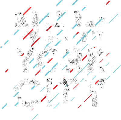 Chữ New York City màu trắng với hiệu ứng grunge và các đường kẻ màu đỏ, xanh dương trên nền xám.
