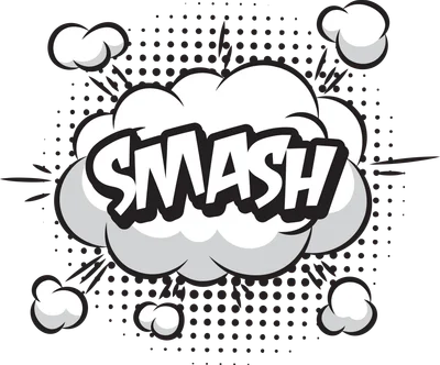 Hình ảnh chữ "SMASH" màu trắng nổi bật trên đám mây khói màu xám, phong cách truyện tranh cổ điển, có hiệu ứng nổ tung.