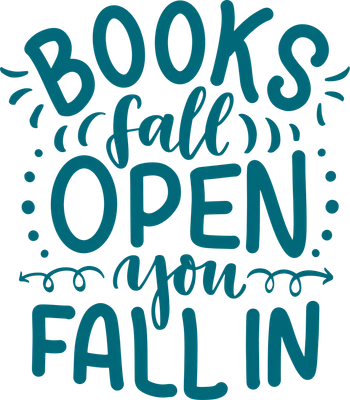 Thiết kế chữ "Books fall open, you fall in" màu xanh ngọc trên nền xám.