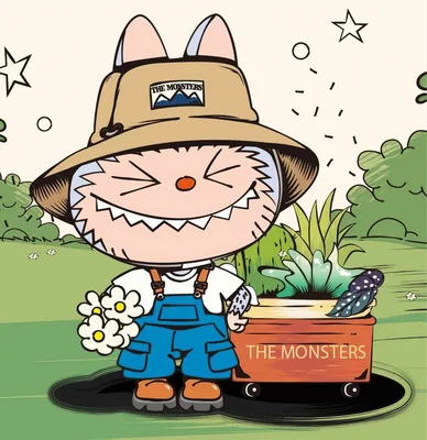 Hình minh họa nhân vật The Monsters hoạt hình đội mũ safari, mặc yếm, cười tươi ôm hoa, bên cạnh xe đẩy cây cảnh