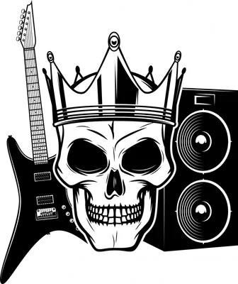 Hình minh họa đầu lâu đội vương miện, guitar điện, loa và lửa, với chữ Rock Fest và Live Music Show.