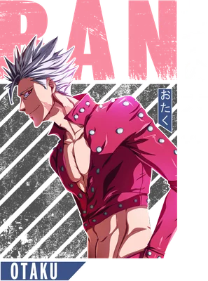 Hình ảnh nhân vật anime Ban với mái tóc bạc, cơ bắp săn chắc, mặc áo hồng nổi bật.