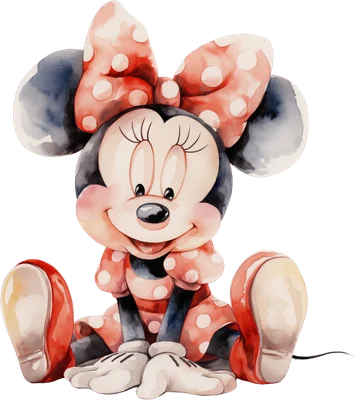 Hình ảnh Minnie Mouse hoạt hình ngồi, phong cách màu nước, nơ chấm bi đỏ, biểu cảm vui vẻ, nền xám.