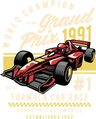 Hình minh họa xe đua Công thức 1 màu đỏ vàng trên nền xám, với chữ Grand Prix 1991 và World Champion phong cách vintage.