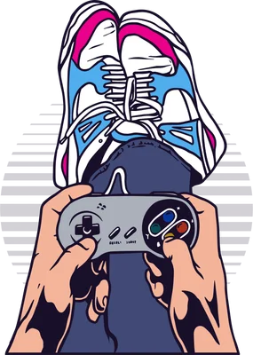 Hình minh họa một người đang chơi game, tay cầm bộ điều khiển retro màu xám và chân mang giày sneaker màu xanh hồng gác lên.