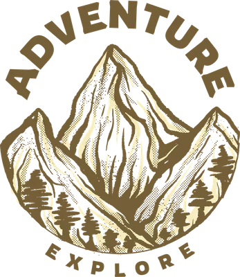 Hình ảnh minh họa núi non hùng vĩ với rừng cây và chữ "ADVENTURE EXPLORE"