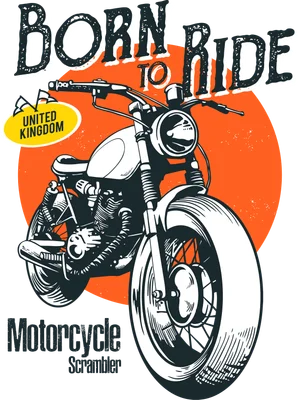 Hình ảnh minh họa xe máy cổ điển phong cách vintage với dòng chữ "Born to Ride" và "Motorcycle Scrambler"