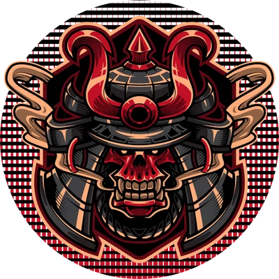 Hình minh họa đầu lâu chiến binh samurai đội mũ giáp truyền thống Nhật Bản với tông màu đỏ, đen và be, nền sọc.