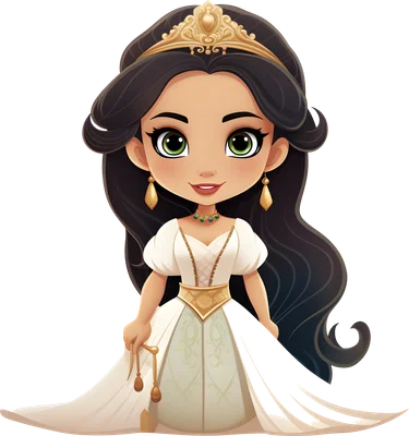 Hình vẽ công chúa chibi tóc đen, mắt xanh lá, mặc váy trắng, đội vương miện vàng trên nền xám.