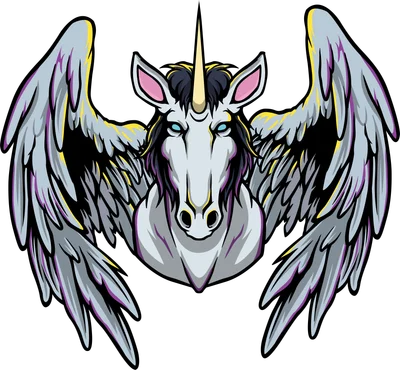 Hình ảnh minh họa đầu ngựa thần Pegasus với đôi cánh dang rộng, có sừng và mắt xanh.