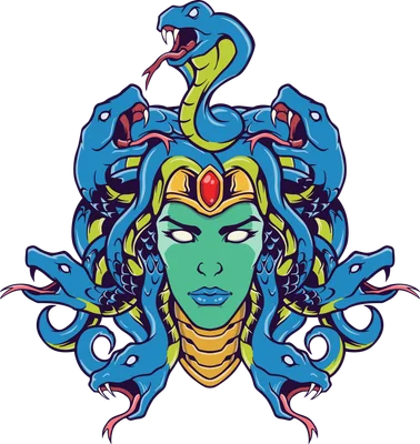 Hình minh họa Medusa với làn da xanh, tóc rắn màu xanh dương và vàng, đội vương miện vàng có đá đỏ, trên nền xám.