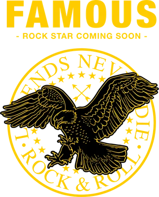 Hình in đại bàng đen sải cánh mạnh mẽ, viền tròn vàng với chữ 'Rock & Roll Legends Never Die' và 'Famous Rock Star Coming Soon'.