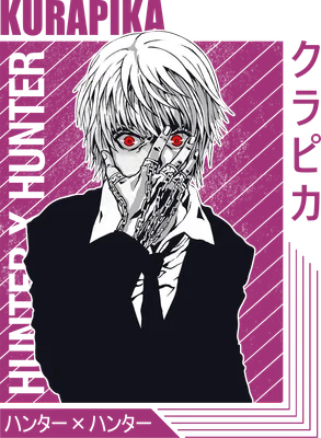 Hình ảnh Kurapika từ Hunter x Hunter với đôi mắt đỏ rực, tay đeo xích và che mặt, phong cách anime.