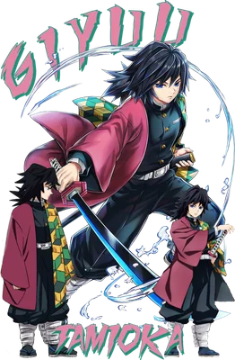 Hình ảnh Tomioka Giyu từ anime, với ba phiên bản kích thước khác nhau, mặc trang phục chiến binh và cầm kiếm.