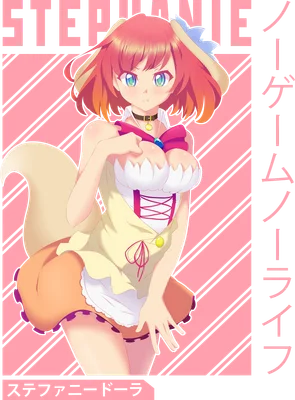 Hình ảnh anime cô gái tai chó màu hồng, mắt xanh, mặc váy ngắn màu vàng và cam, có chữ Stephanie và No Game No Life.