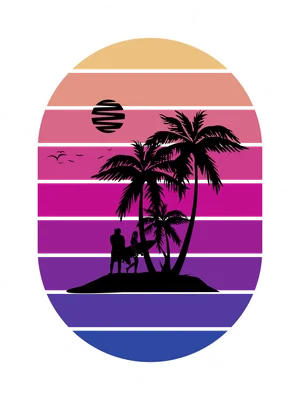 Hình ảnh phong cách retro hoàng hôn bãi biển Hawaii với cây dừa, người lướt sóng và chim, viền chữ trắng.