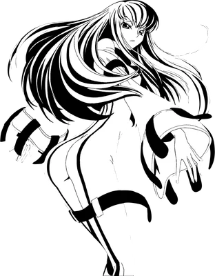 Hình vẽ anime đen trắng nhân vật C.C. với mái tóc dài bồng bềnh, trang phục độc đáo.