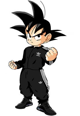 Hình vẽ Goku nhí mặc bộ đồ Adidas đen, đứng tạo dáng với nắm đấm