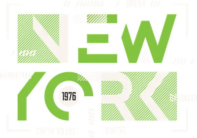 Thiết kế chữ 'NEW YORK' với năm 1976, tên các quận và họa tiết sọc, màu xanh lá và trắng trên nền xám.