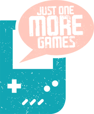 Hình minh họa máy chơi game cầm tay màu xanh ngọc với bong bóng thoại 'Just One More Games' trên nền xám.