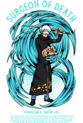 Hình ảnh Trafalgar D. Water Law từ One Piece, với hiệu ứng nước xanh bao quanh, cầm kiếm, dòng chữ "Surgeon of Death" và tên nhân vật.