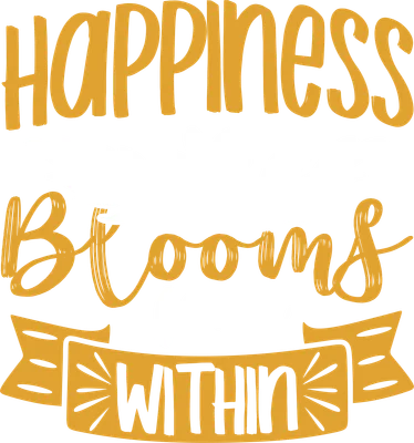 Hình in chữ 'HAPPINESS BLOOMS from WITHIN' màu vàng cam và trắng trên nền xám, trang trí hoa và lá.
