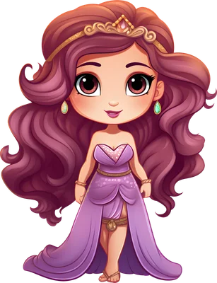 Hình minh họa chibi công chúa tóc tím, váy tím lộng lẫy, đội vương miện vàng, đeo khuyên tai xanh lá.
