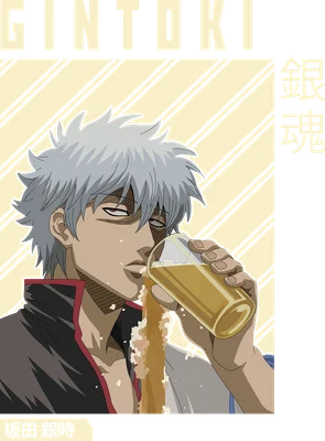 Nhân vật Gintoki tóc bạc uống bia, bia phun ra khỏi miệng, phong cách anime
