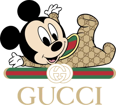 Hình ảnh Mickey Mouse mặc bộ đồ in họa tiết Gucci, nằm trên dải sọc xanh lá, đỏ và logo Gucci.