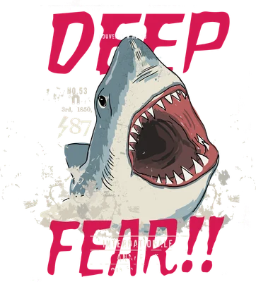 Hình minh họa cá mập há miệng hung dữ với chữ Deep Fear phong cách retro